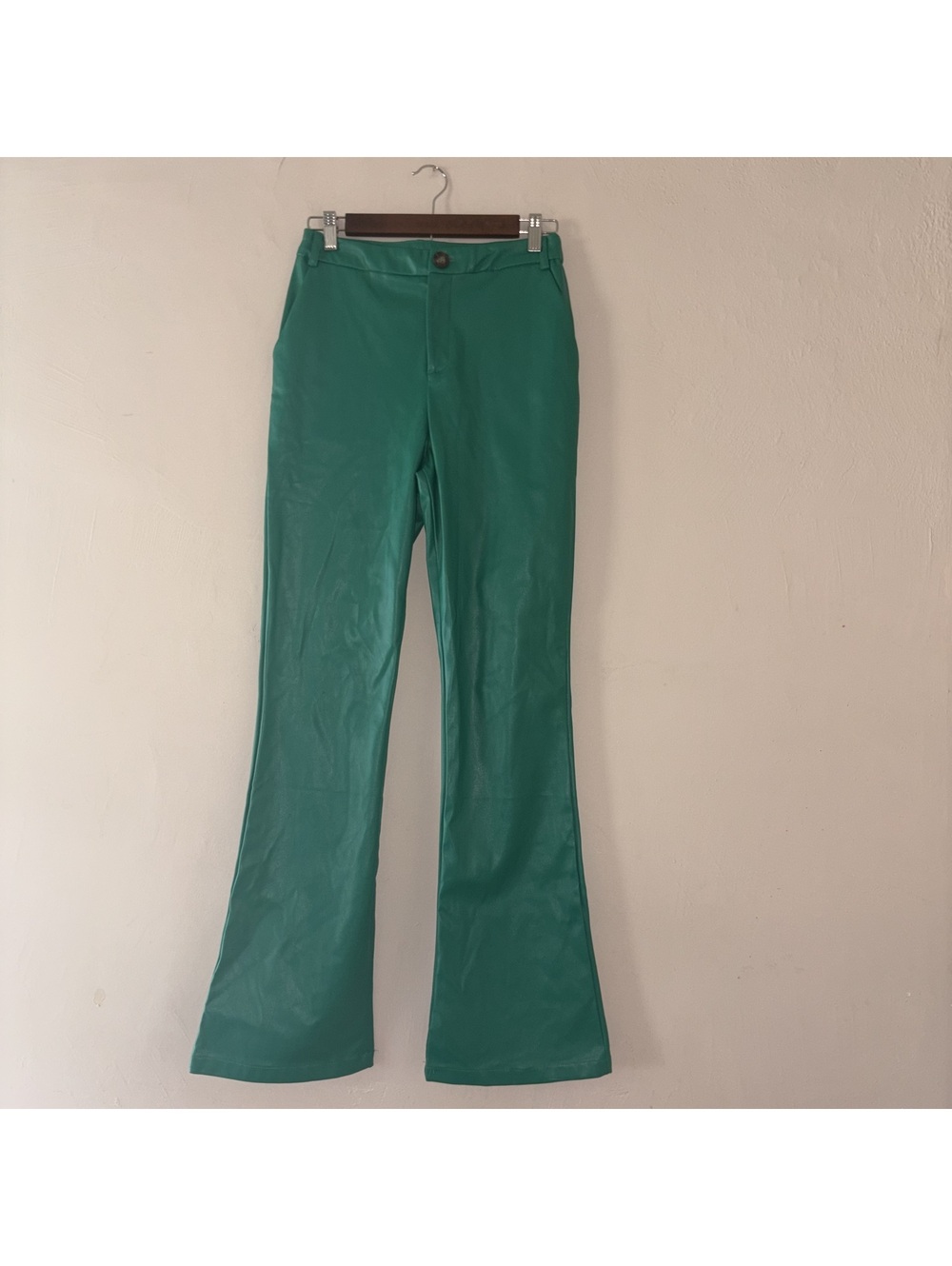 Pretty Garbage Green Faux Leather Flare Pants - Size Small